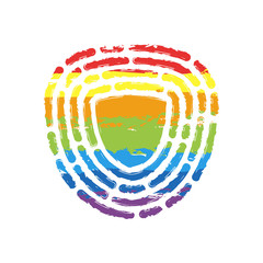 Aufkleber - Shield in fingerprint. Logo of protect private id. Security icon. Drawing sign with LGBT style, seven colors of rainbow (red, orange, yellow, green, blue, indigo, violet