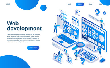 Modern isometric design concept of Web Development for website and mobile website development. Isometric landing page template. Developer coding software and programming web site. Vector illustration.
