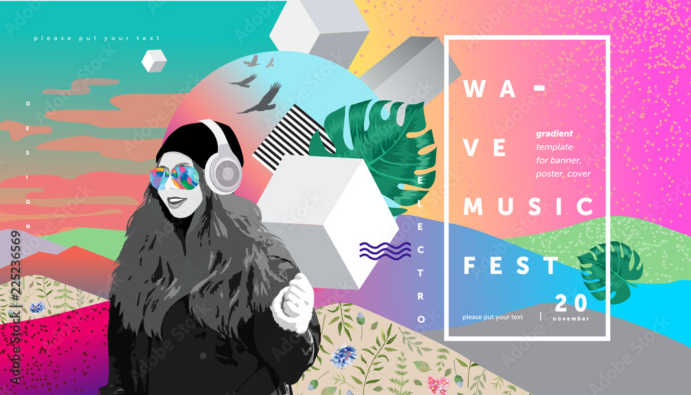 Colorful abstract  poster and cover design, electronic music festival banner with abstract gradient, vector psychedelic background for  flyer or brochure, illustration of a girl who listen to music  - obrazy, fototapety, plakaty 