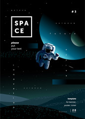 science fiction, vector illustration of an astronaut in space, the moon and the planet in a starry night sky, a template for the design of a modern poster or magazine cover