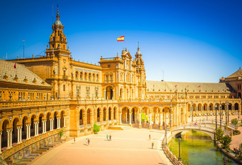 Sticker - view of Plaza de Espana, in Sevilla, Andalusia Spain, toned