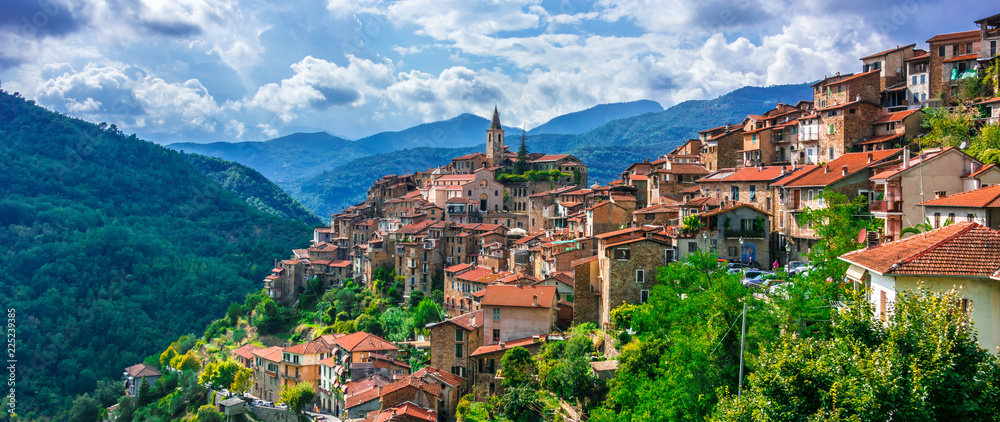 View of Apricale in the Province of Imperia, Liguria, Italy - obrazy, fototapety, plakaty 