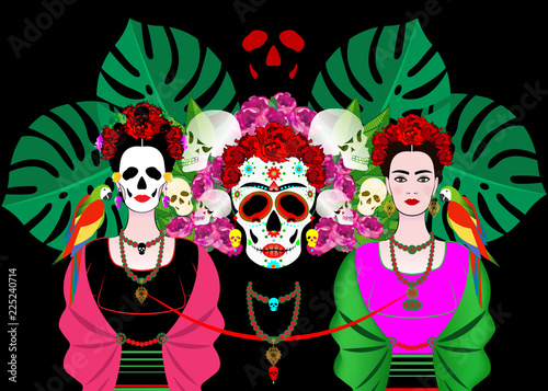 Mexican skull, mexican woman with a traditional hairstyle Tableau sur Toile