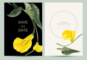 Invitation card in the botanical style with place for text. Yellow calla flowers with green leaves. Template card for the wedding, birthday and celebration.