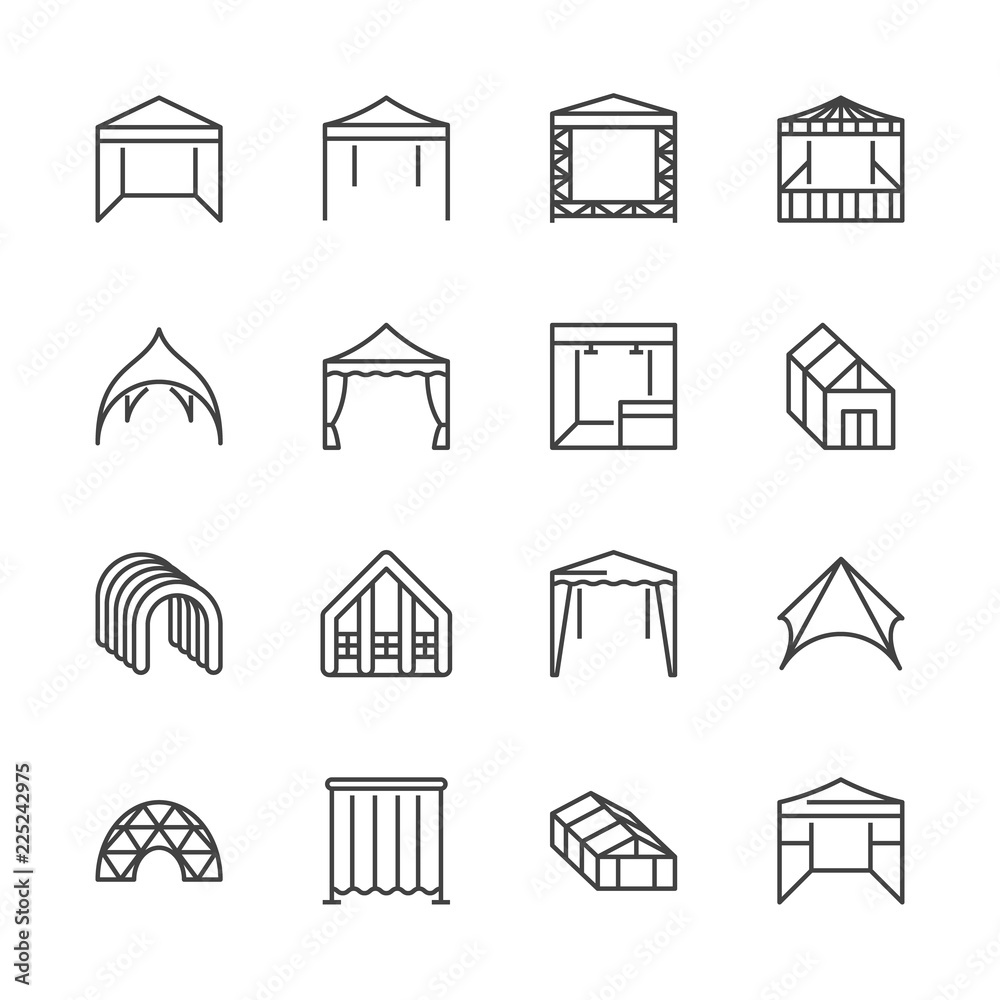 Tent flat line icons. Event pavilion, trade show awning, outdoor wedding marquee, canopy vector illustrations. Thin signs of mobile party booth. Pixel perfect 64x64. Editable Strokes. - obrazy, fototapety, plakaty 