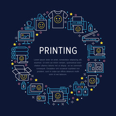 Poster - Printing house circle poster with flat line icons. Print shop equipment - printer, scanner, offset machine, plotter, brochure, rubber stamp. Polygraphy office signs, typography.