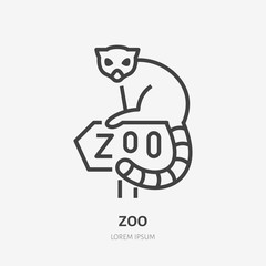 Lemur sitting on Zoo sign flat line icon. Animal park sign, wildlife logo.