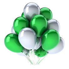 Birthday Balloons Bunch Green White Happy Holiday, Carnival, Party Decoration. 3d Rendering