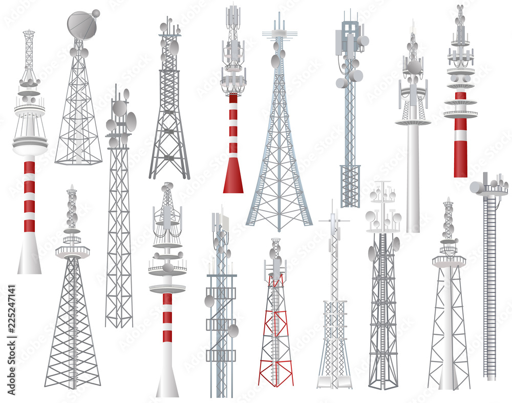 Radio tower vector towered communication technology antenna construction in city with network wireless signal station illustration set of towering broadcast equipment isolated on white background - obrazy, fototapety, plakaty 