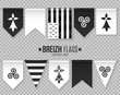 Set of vector breton decorative flags and symbols with hermine and triskel. Black and white pennants isolated on transparency grid background