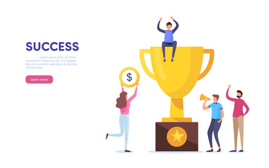 team success. teamwork. together. miniature people. cartoon illustration vector graphic on white bac
