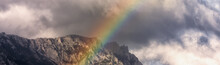 Rainbow In The Mountains On A Cloudy Day Panoramic Landscape