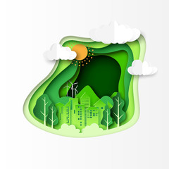 green ecology and environment concept with urban city and nature landscape paper cut abstract backgr