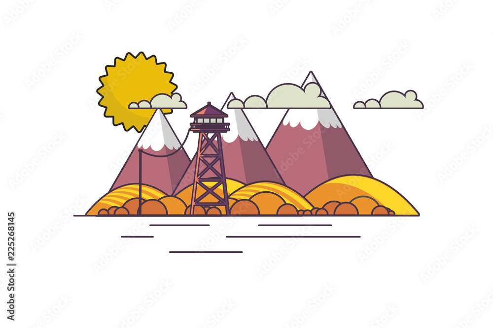 Vector Flat Art landscape outline stroke design, with fire lookout tower in autumn. - obrazy, fototapety, plakaty 