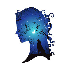 Double exposure silhouette of beautiful woman with shadow of wolf in the night forest, crescent moon and stars. Sticker or tattoo design vector illustration. Pagan totem, wiccan familiar spirit art