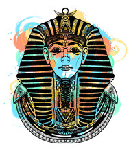 Pharaoh Tattoo Art T-shirt Design. Tutankhamen Mask Ethnic Style. Great King Of Ancient Egypt