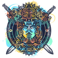 Wall Mural - Ancient aztec totem watercolor splashes style, Mexican god warrior and crossed swords. Ancient Mayan civilization tattoo and t-shirt design