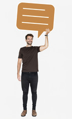 Poster - Cheerful man holding a blank speech bubble symbol