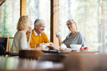 Cheerful optimistic senior friends gathering together in cozy outdoor cafe: they drinking tea with sweets and talking about life