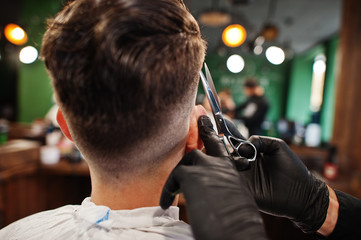 Handsome bearded man at the barbershop, barber at work.