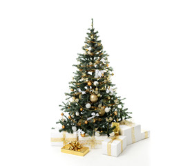 christmas tree decorated with gold patchwork ornament artificial star hearts presents for new year 2