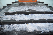 Danger House Frozen Steps. Ice Covered Entrance Home Slippery Stair Case.