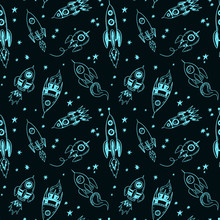 Doodle Spaceship And Stars Pattern, Hand Drawn, Sketch Seamless Space Rocket Print.