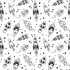 Wall Mural - doodle spaceship and stars pattern, hand drawn, sketch seamless space rocket print.