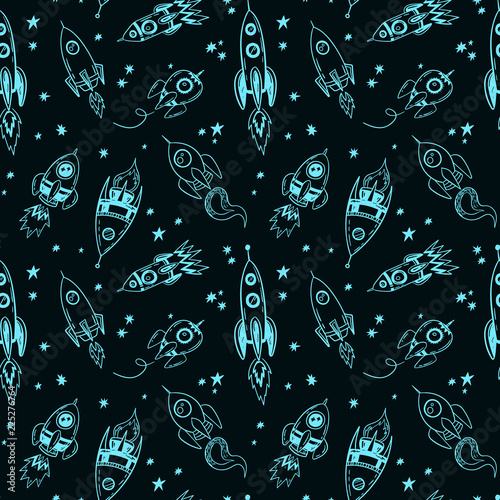 Cotton fabric Doodle statek kosmiczny i gwiazdy wzór, ręcznie rysowane, szkic miejsca bezszwowe rakiet wydruku.