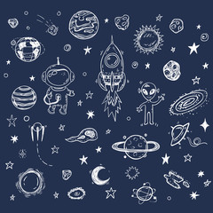 Wall Mural - doodle space travel vector set with rocket, astronaut, alien, planets, stars. hand drawn print or po