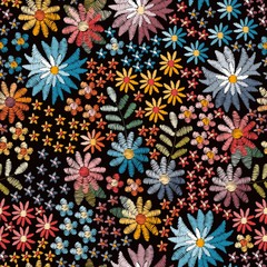 Wall Mural - Ditsy floral seamless pattern. Colorful embroidery flowers on black background. Fashion design. Vector illustration.