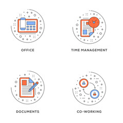 Wall Mural - office, time management, documents, co-working. set of 4 flat line icons. flat line illustration con