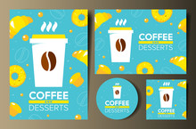 Set Of Coffee Design Templates With Graphic Elements And Blue Background