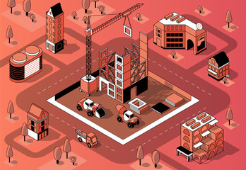 Vector 3d isometric construction site with unfinished building, crane and transport in block. Building exterior in orange colors, black thin lines. Urban tower inside square. Industrial background.