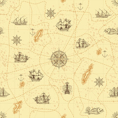  Vector abstract seamless background on the theme of travel, adventure and discovery. Old hand drawn map with vintage sailing yachts, wind rose, routes and nautical symbols