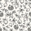 Vector illustration. Pen style vector seamless pattern. Pomegranates, cut pomegranate, branches and leaves.