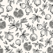 Vector Illustration. Pen Style Vector Seamless Pattern. Pomegranates, Cut Pomegranate, Branches And Leaves.