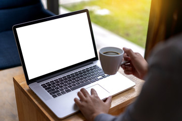 Poster - mock up Using laptop with blank screen computer modern