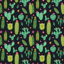 Seamless Vector Pattern With Floral Cactuses On A Black Background.