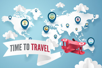 Paper art of red plane above world map and landmark pin, travel and explore concept