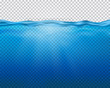 Vector blue underwater view with sun rays and waves isolated on transparent background