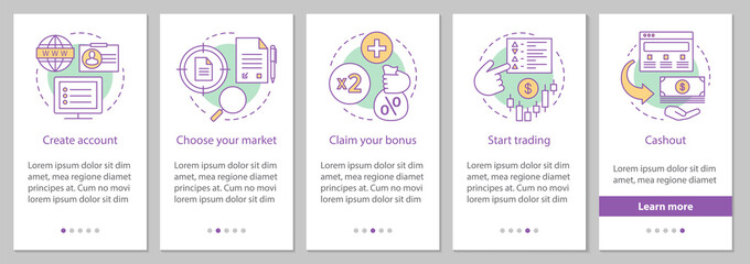 Internet trading onboarding mobile app page screen with linear c