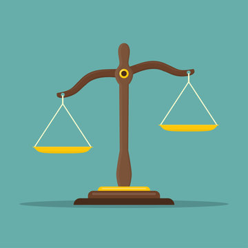 justice scales icon. law balance symbol. libra in flat design. vector illustration
