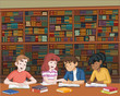 Cartoon teenager students with books on big library. Kids studying.
