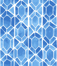 Hand Painted Mosaic Background With Diamonds And Triangles In Blue. Stained Glass Imitation. Seamless Vector Geometric Pattern