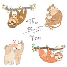 Set Of Vector Animals Mums And Babies.