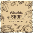 Chocolate shop vintage poster and banner design with sketched chocolate bar and cocoa beans illustration vector
