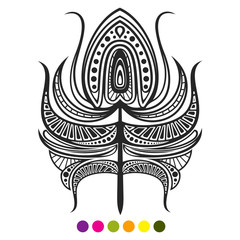 Abstract black and white feather isolated on white background. Peacock feather coloring page. Vector illustration