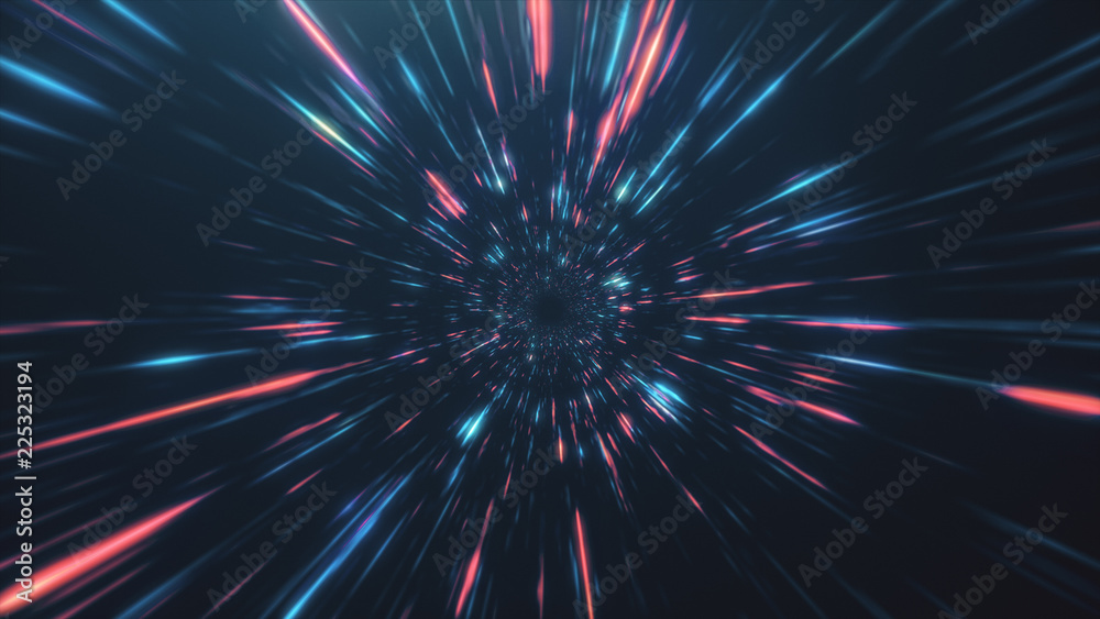 Abstract flight in retro neon hyper warp space in the tunnel 3d illustration - obrazy, fototapety, plakaty 