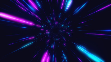 Poster - abstract flight in retro neon hyper warp space in the tunnel 3d illustration